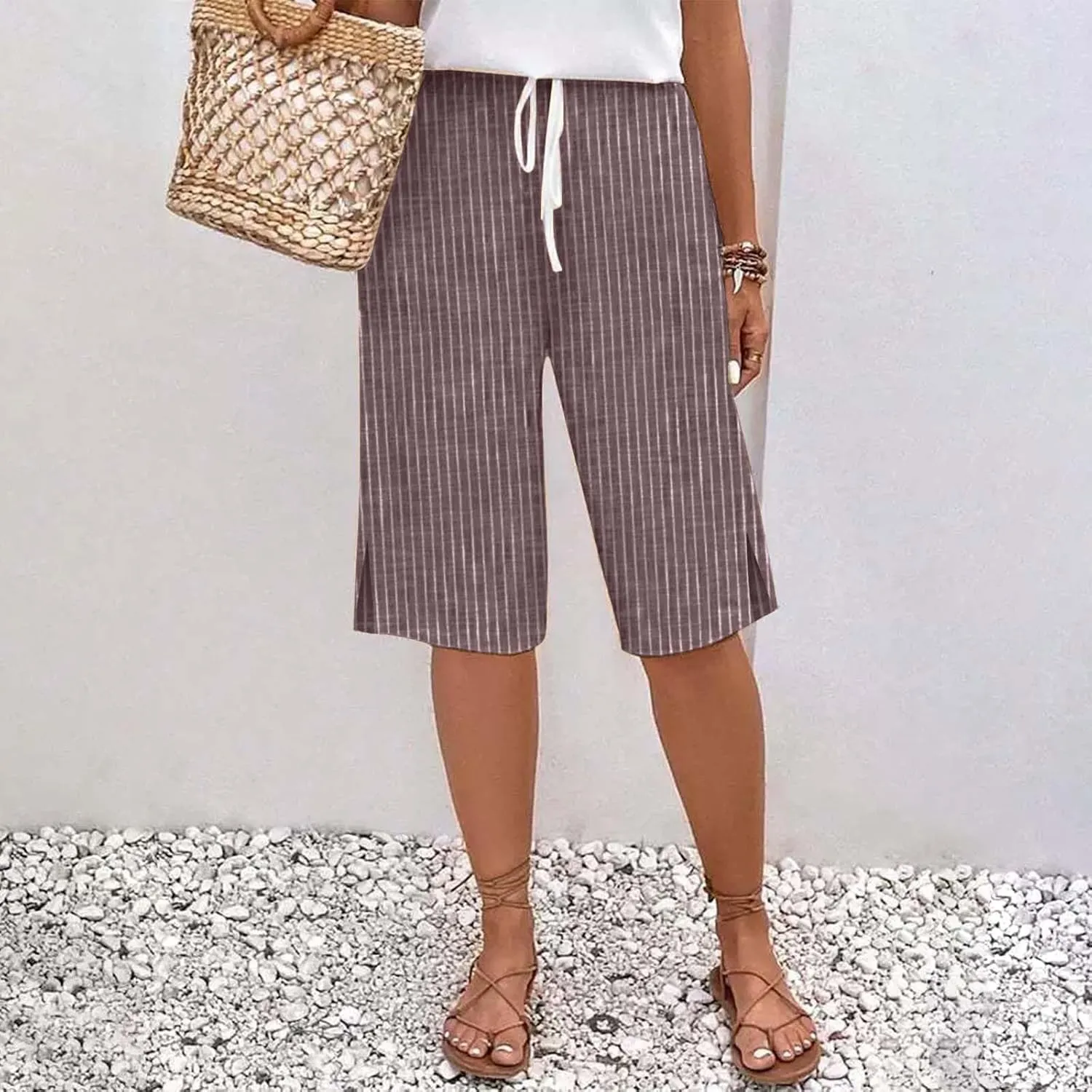 Striped Bermuda Shorts for Women Knee Length High Waisted Linen Summer Long Shorts Casual Loose Capris with Pockets