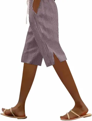 Striped Bermuda Shorts for Women Knee Length High Waisted Linen Summer Long Shorts Casual Loose Capris with Pockets