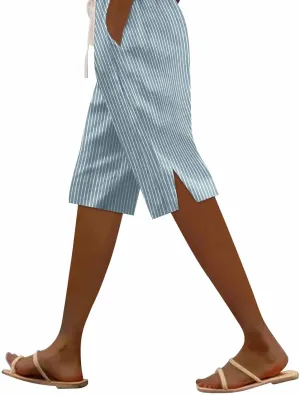 Striped Bermuda Shorts for Women Knee Length High Waisted Linen Summer Long Shorts Casual Loose Capris with Pockets