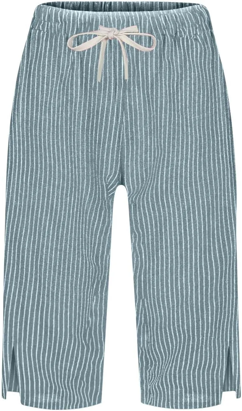 Striped Bermuda Shorts for Women Knee Length High Waisted Linen Summer Long Shorts Casual Loose Capris with Pockets