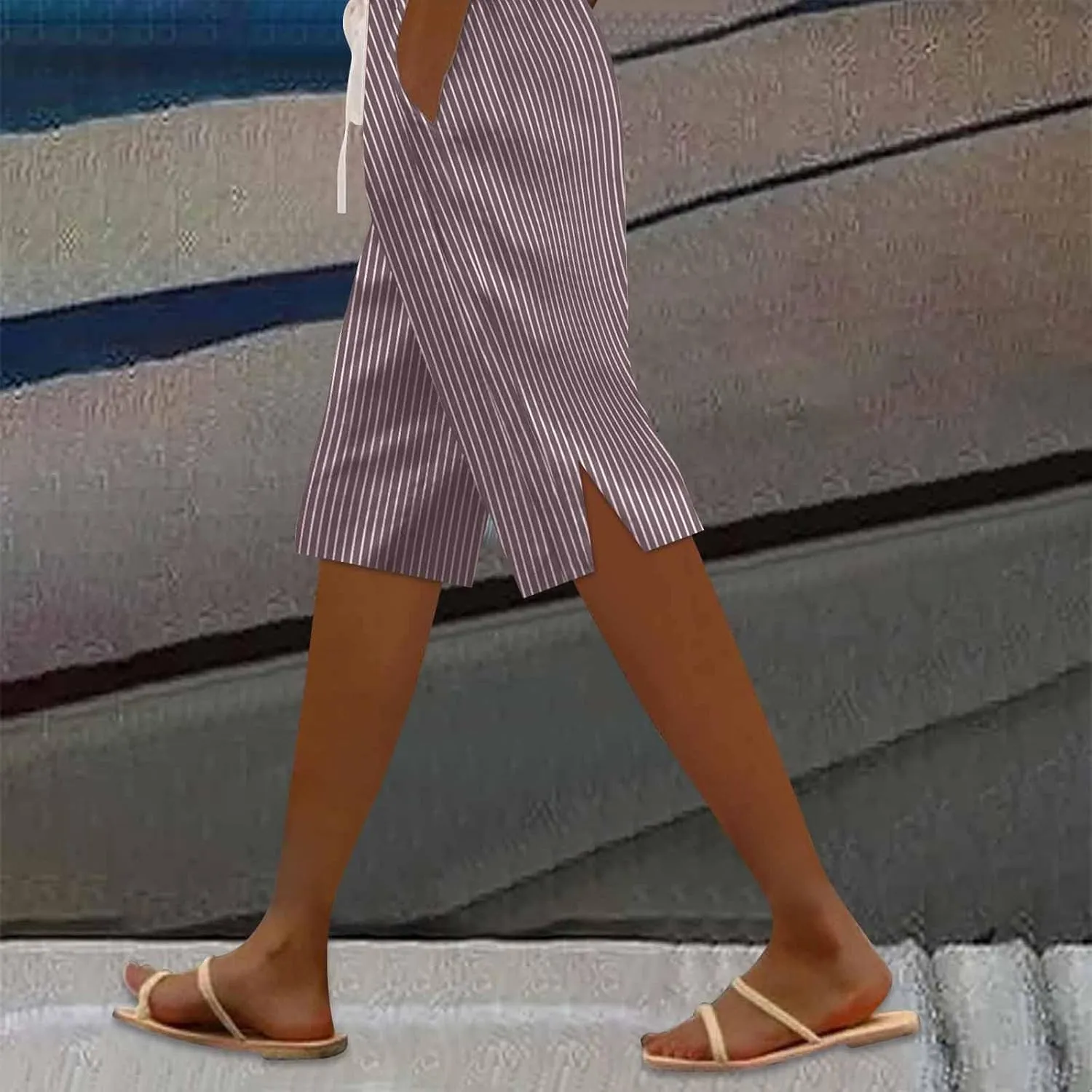 Striped Bermuda Shorts for Women Knee Length High Waisted Linen Summer Long Shorts Casual Loose Capris with Pockets