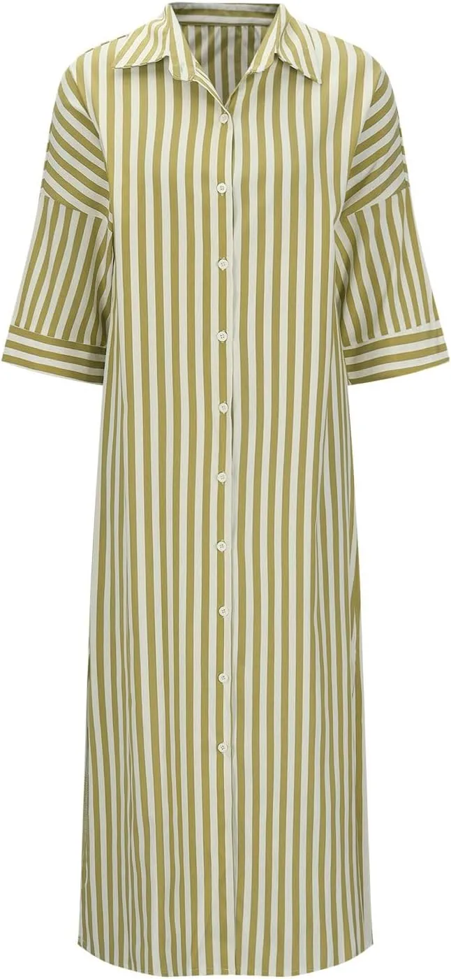 Striped Shirt Dress for Womens, Long Sleeve Maxi Dresses Casual Loose Button Down Shift Dresses Business Outfits