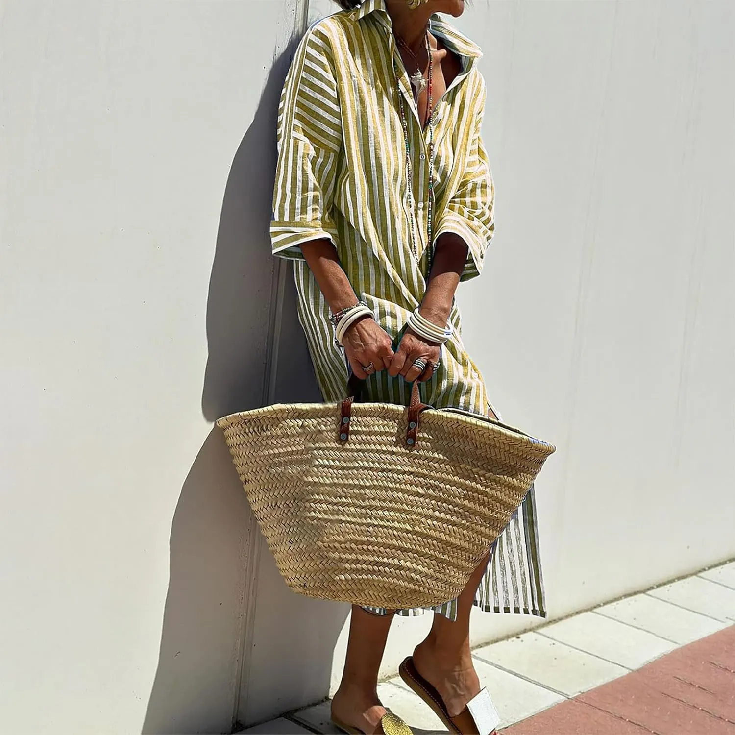 Striped Shirt Dress for Womens, Long Sleeve Maxi Dresses Casual Loose Button Down Shift Dresses Business Outfits
