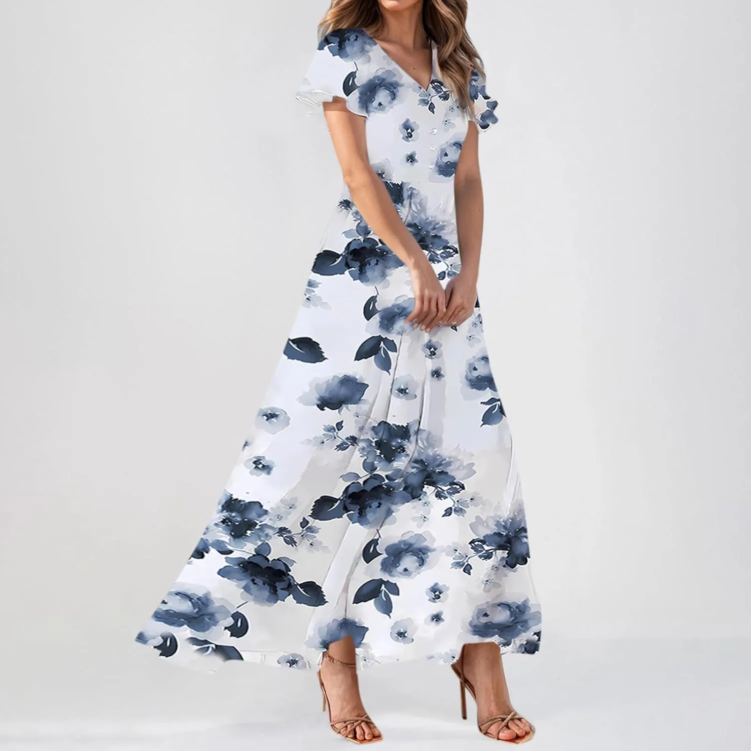 Summer Boho Dresses for Women Empire Waist Long Dress Casual Chiffon Flutter Sleeve Floral Beach Wedding Guest Dresses