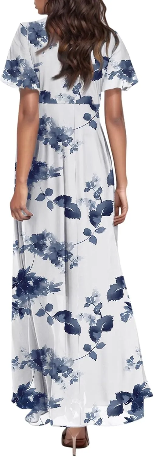 Summer Boho Dresses for Women Empire Waist Long Dress Casual Chiffon Flutter Sleeve Floral Beach Wedding Guest Dresses