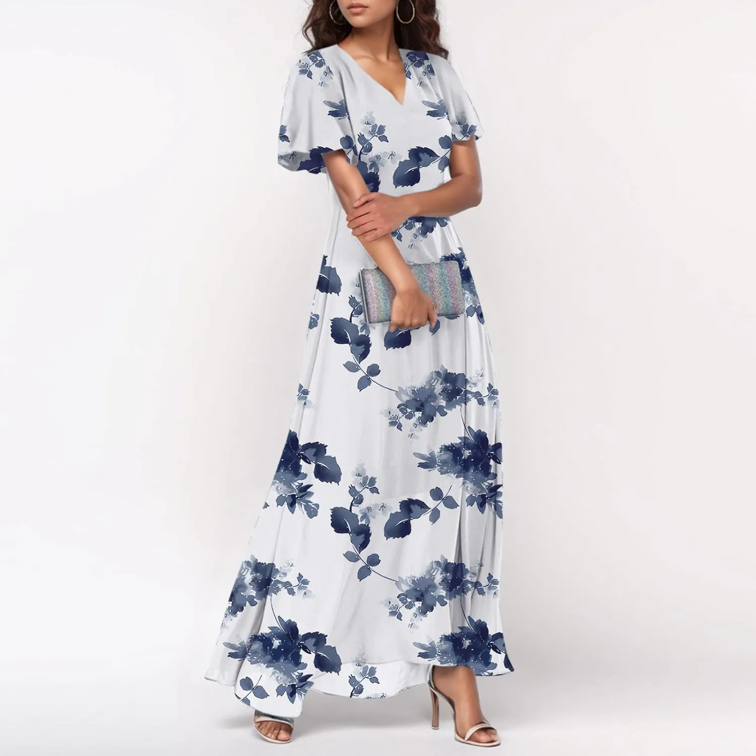 Summer Boho Dresses for Women Empire Waist Long Dress Casual Chiffon Flutter Sleeve Floral Beach Wedding Guest Dresses