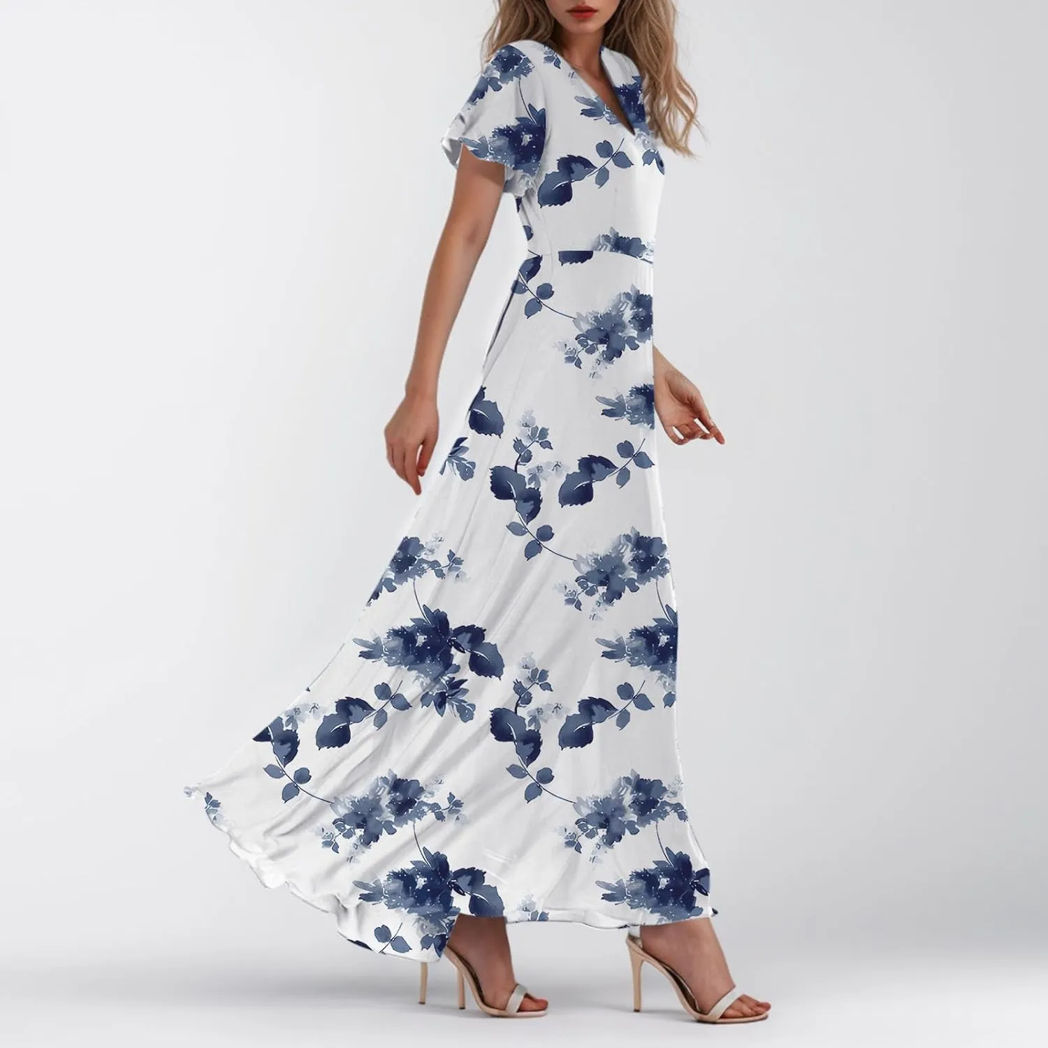 Summer Boho Dresses for Women Empire Waist Long Dress Casual Chiffon Flutter Sleeve Floral Beach Wedding Guest Dresses