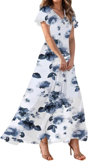 Summer Boho Dresses for Women Empire Waist Long Dress Casual Chiffon Flutter Sleeve Floral Beach Wedding Guest Dresses