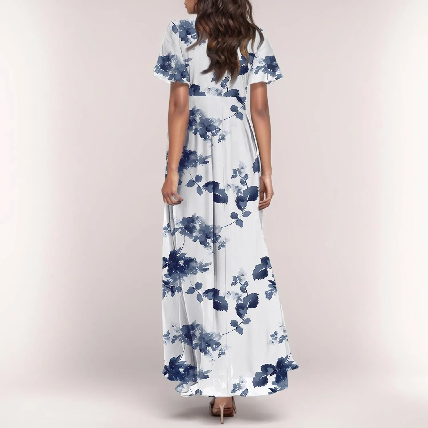 Summer Boho Dresses for Women Empire Waist Long Dress Casual Chiffon Flutter Sleeve Floral Beach Wedding Guest Dresses