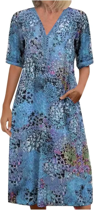 Summer Boho Floral Dresses for Women Short Sleeve Sundresses Vacation V Neck Beach Casual Resort Dress with Pockets