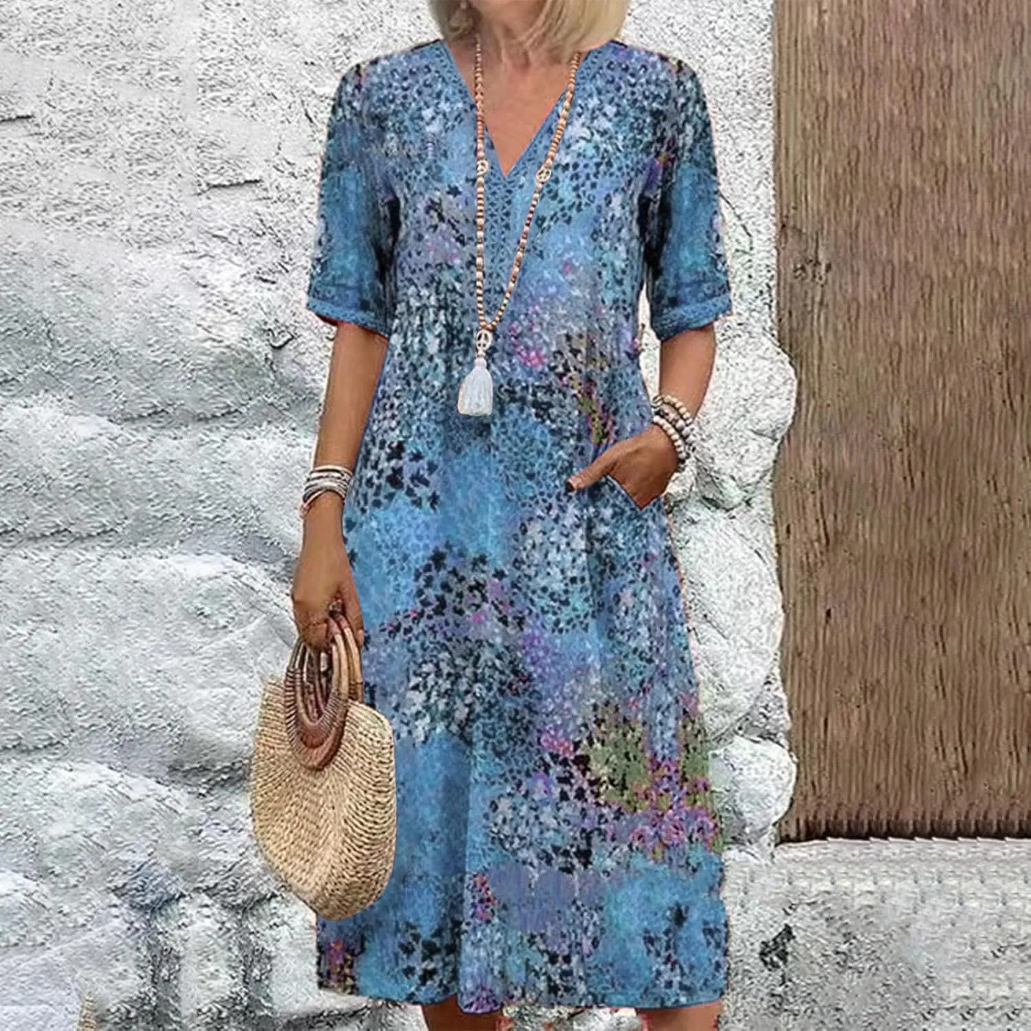 Summer Boho Floral Dresses for Women Short Sleeve Sundresses Vacation V Neck Beach Casual Resort Dress with Pockets