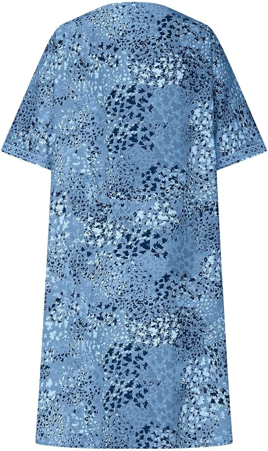 Summer Boho Floral Dresses for Women Short Sleeve Sundresses Vacation V Neck Beach Casual Resort Dress with Pockets