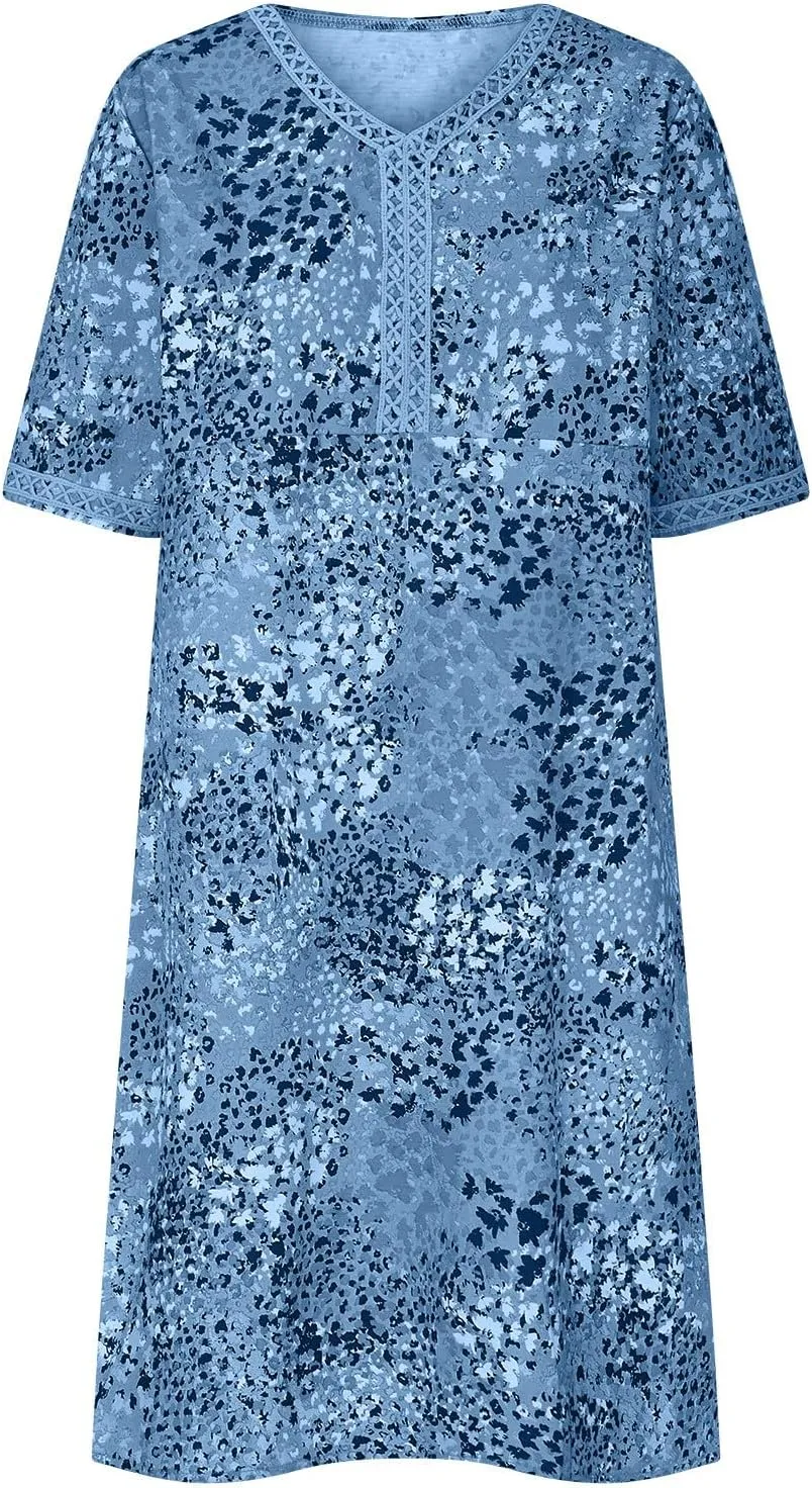 Summer Boho Floral Dresses for Women Short Sleeve Sundresses Vacation V Neck Beach Casual Resort Dress with Pockets