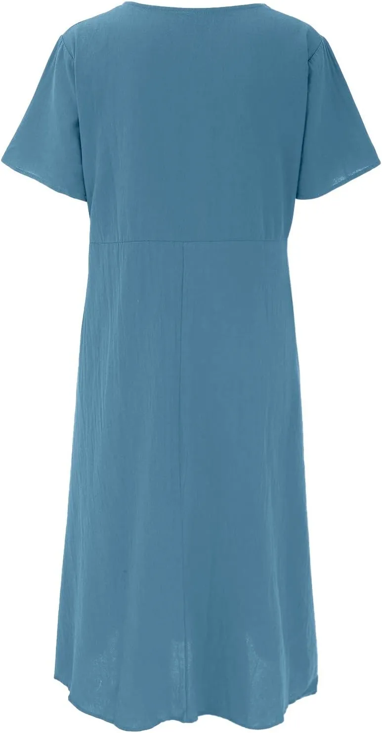 Summer Cotton Linen Dresses for Women Short Sleeve Square Neck Midi Sundresses for Women 2025 Swing Party Short Dresses