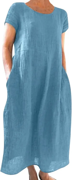 Summer Cotton Linen Dresses for Women Short Sleeve Square Neck Midi Sundresses for Women 2025 Swing Party Short Dresses