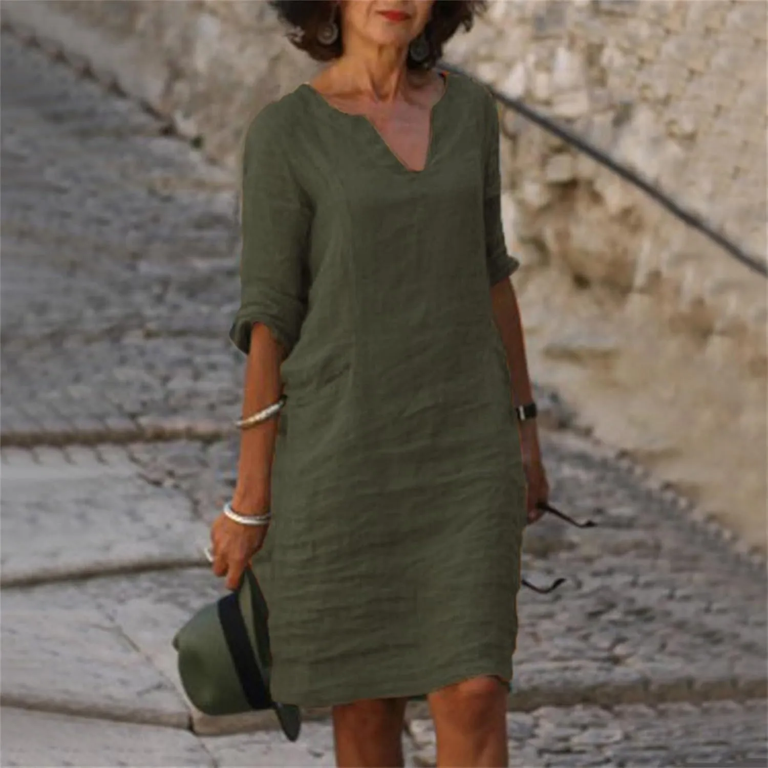 Summer Cotton Linen Short Sleeve Dresses for Women V Neck Spring Skirt Travel Vacation Outfits Church Work Dresses