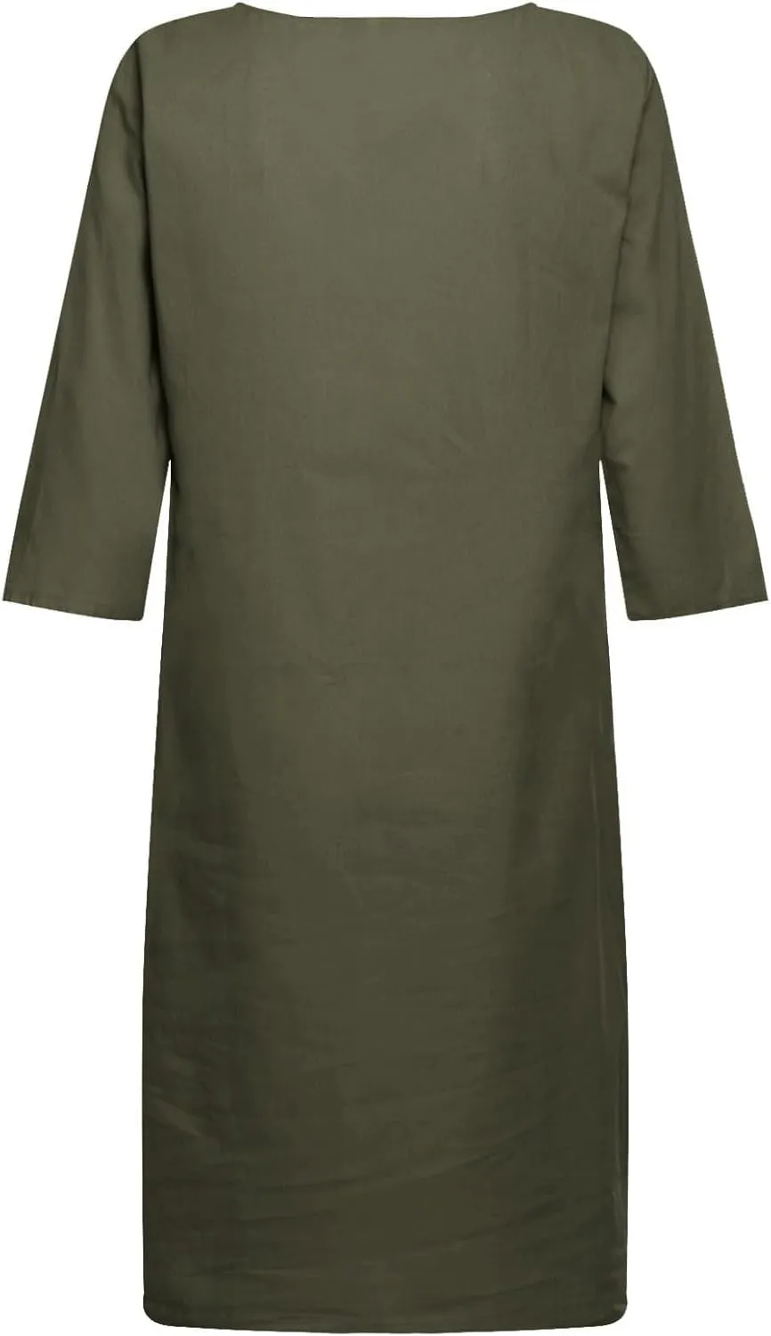 Summer Cotton Linen Short Sleeve Dresses for Women V Neck Spring Skirt Travel Vacation Outfits Church Work Dresses