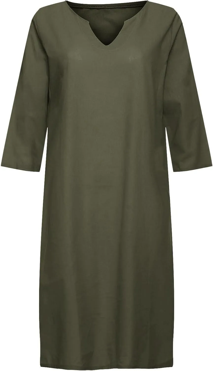 Summer Cotton Linen Short Sleeve Dresses for Women V Neck Spring Skirt Travel Vacation Outfits Church Work Dresses