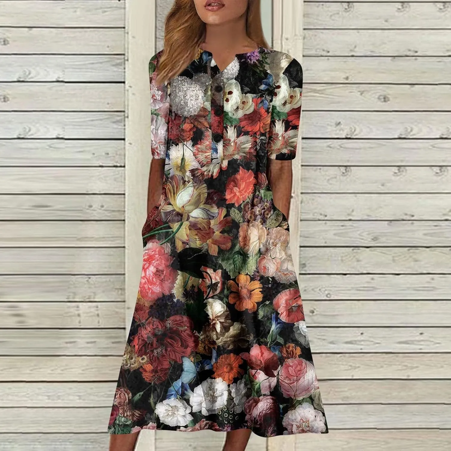Summer Dress Casual Womens Fashion Short Sleeve Floral Print Long Dress with Pocket Boho V Neck Button A Line Dress