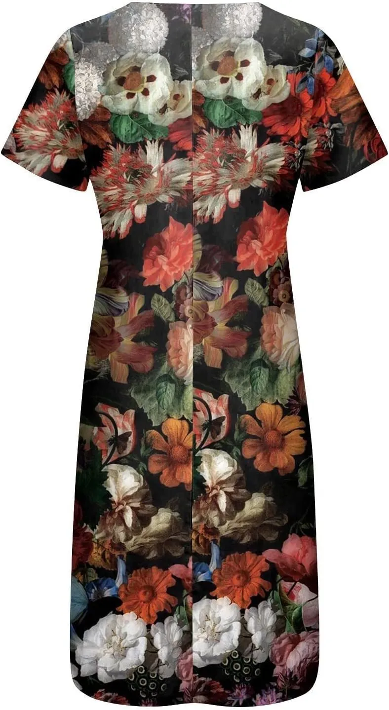 Summer Dress Casual Womens Fashion Short Sleeve Floral Print Long Dress with Pocket Boho V Neck Button A Line Dress