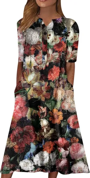 Summer Dress Casual Womens Fashion Short Sleeve Floral Print Long Dress with Pocket Boho V Neck Button A Line Dress