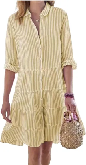 Summer Dress for Women Long Sleeve Striped Collared Button Down Shirts Dress Fashion Dressy Sundress 2025