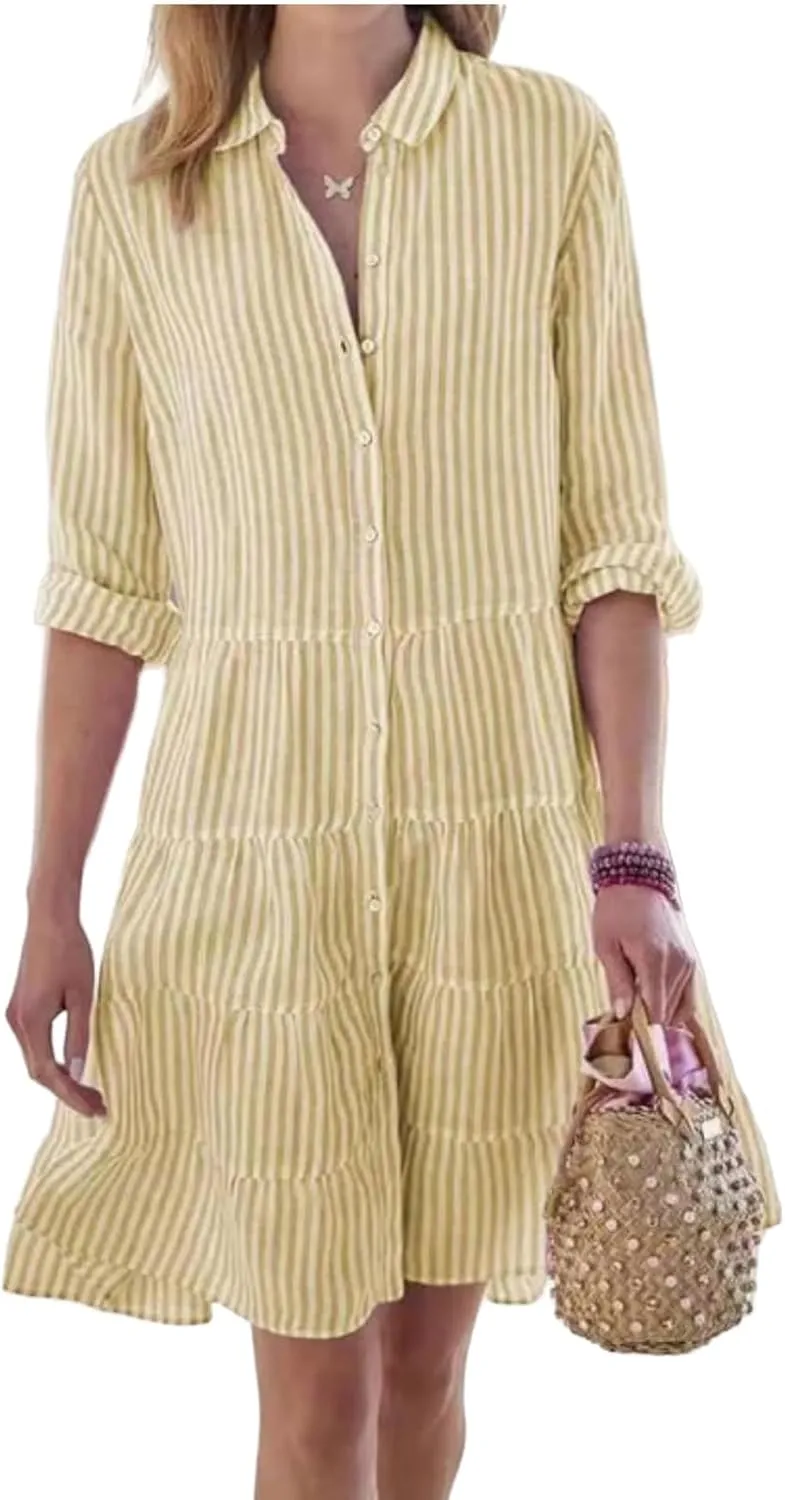 Summer Dress for Women Long Sleeve Striped Collared Button Down Shirts Dress Fashion Dressy Sundress 2025