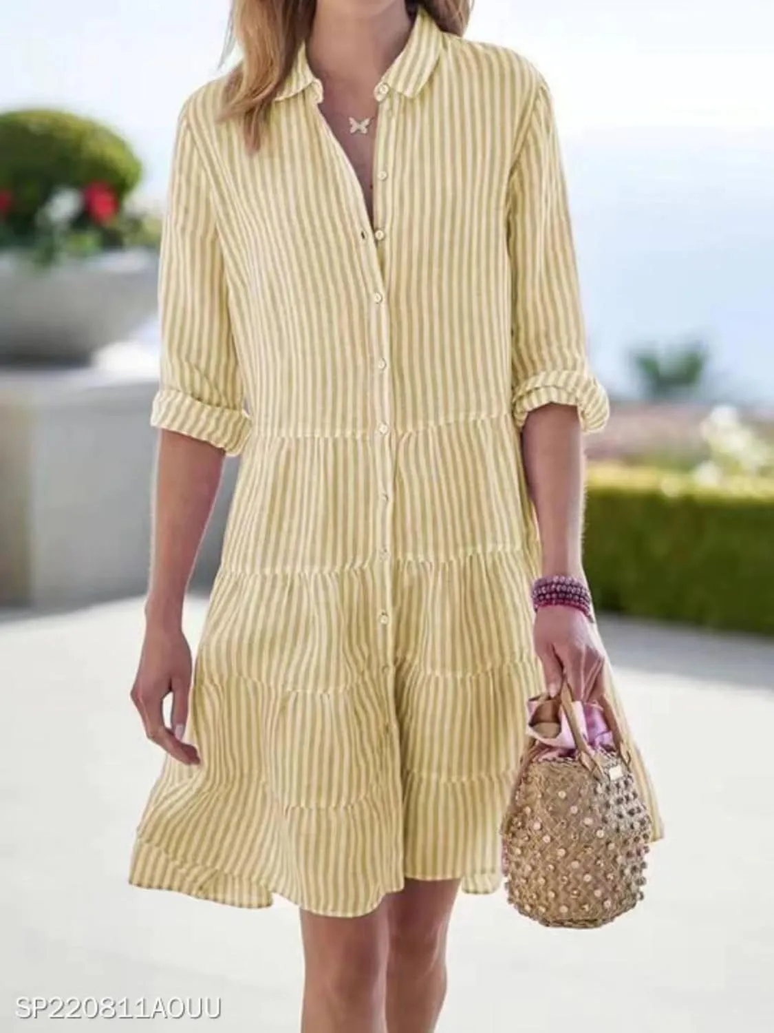 Summer Dress for Women Long Sleeve Striped Collared Button Down Shirts Dress Fashion Dressy Sundress 2025