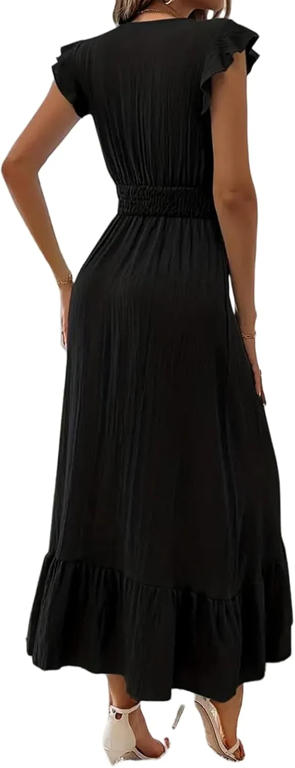 Summer Dress for Women Ruffle Sleeve V Neck Maxi Dresses Waist Flowy Swing Dress Ruched Hem Elegant Sundress 2025