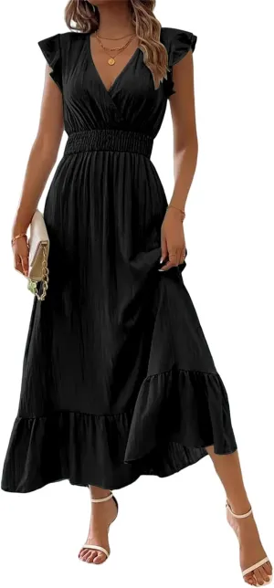 Summer Dress for Women Ruffle Sleeve V Neck Maxi Dresses Waist Flowy Swing Dress Ruched Hem Elegant Sundress 2025