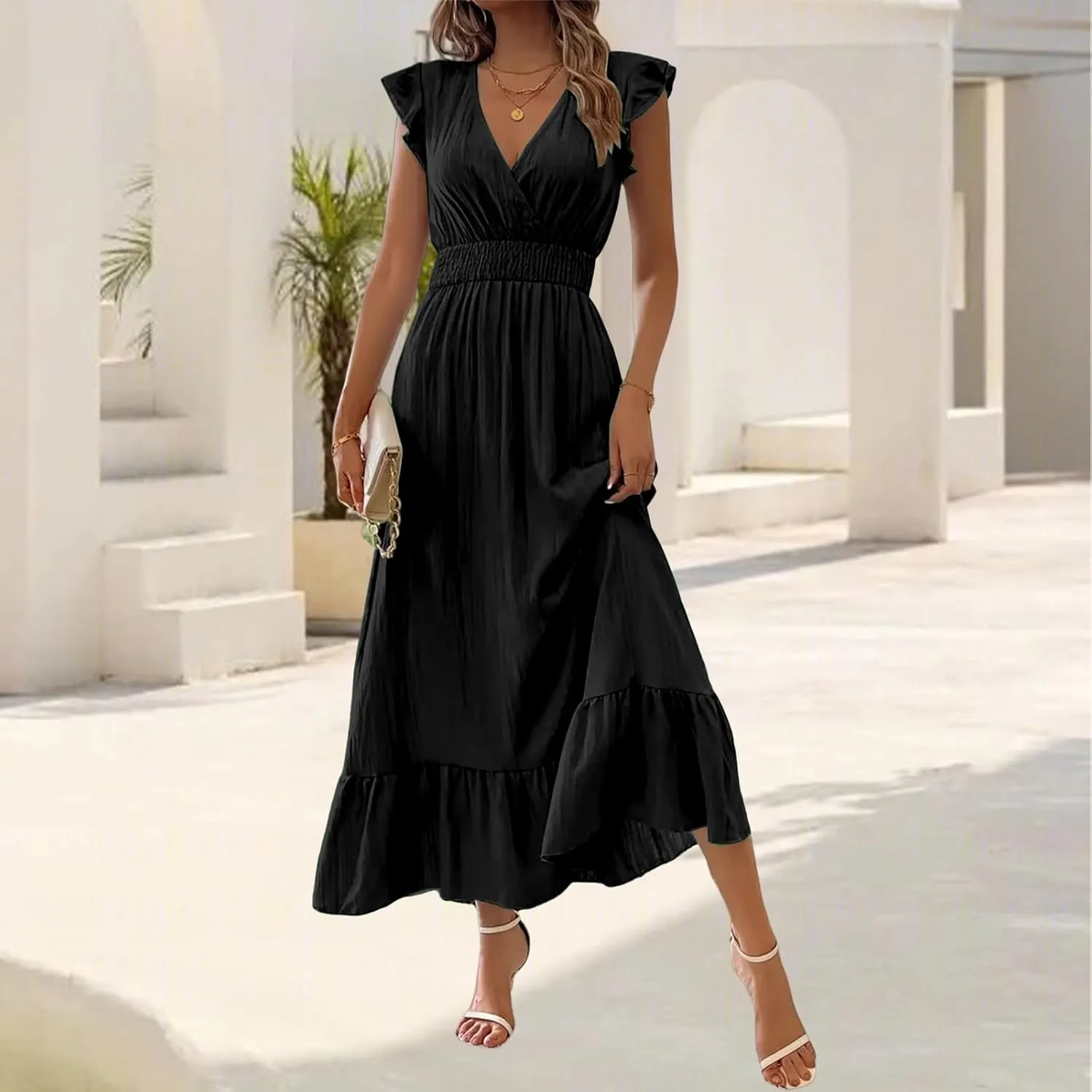 Summer Dress for Women Ruffle Sleeve V Neck Maxi Dresses Waist Flowy Swing Dress Ruched Hem Elegant Sundress 2025