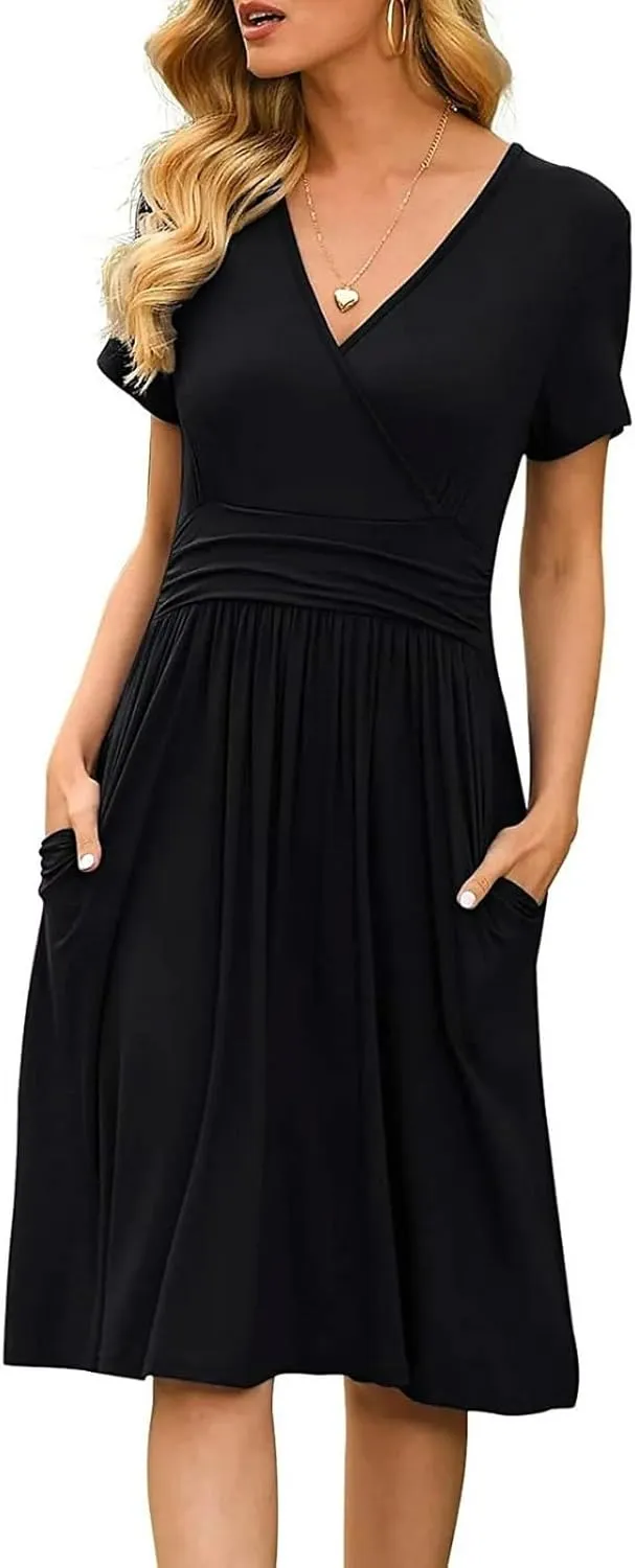 Summer Dresses for Women 2024 Casual V Neck High Waist A-Line Dress with Pocket Cute Solid Short Sleeve Midi Dress
