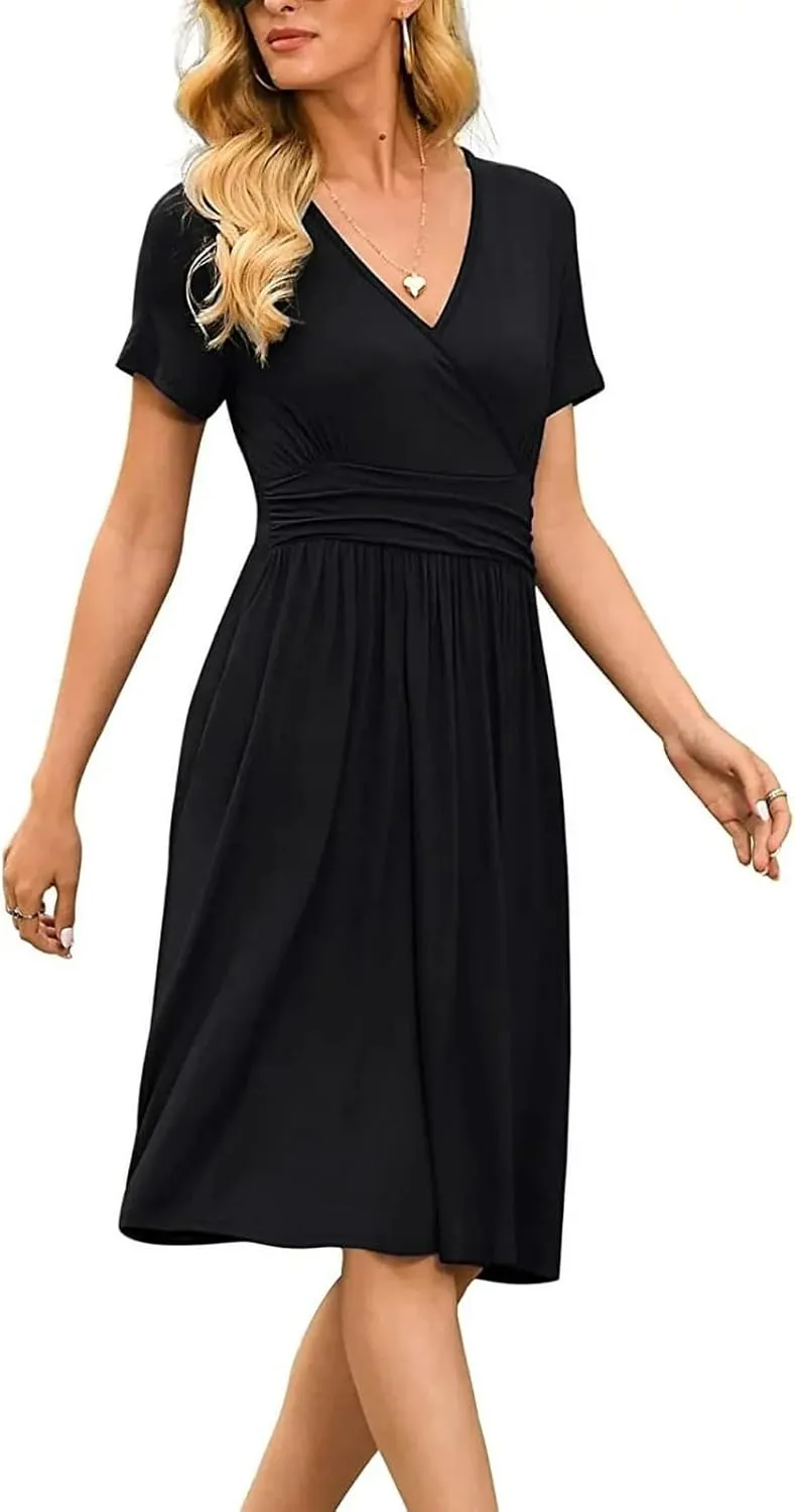 Summer Dresses for Women 2024 Casual V Neck High Waist A-Line Dress with Pocket Cute Solid Short Sleeve Midi Dress