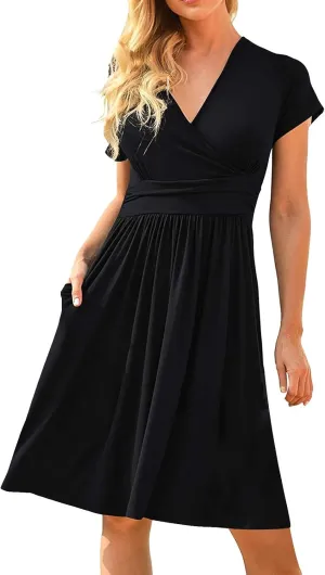 Summer Dresses for Women 2024 Casual V Neck High Waist A-Line Dress with Pocket Cute Solid Short Sleeve Midi Dress