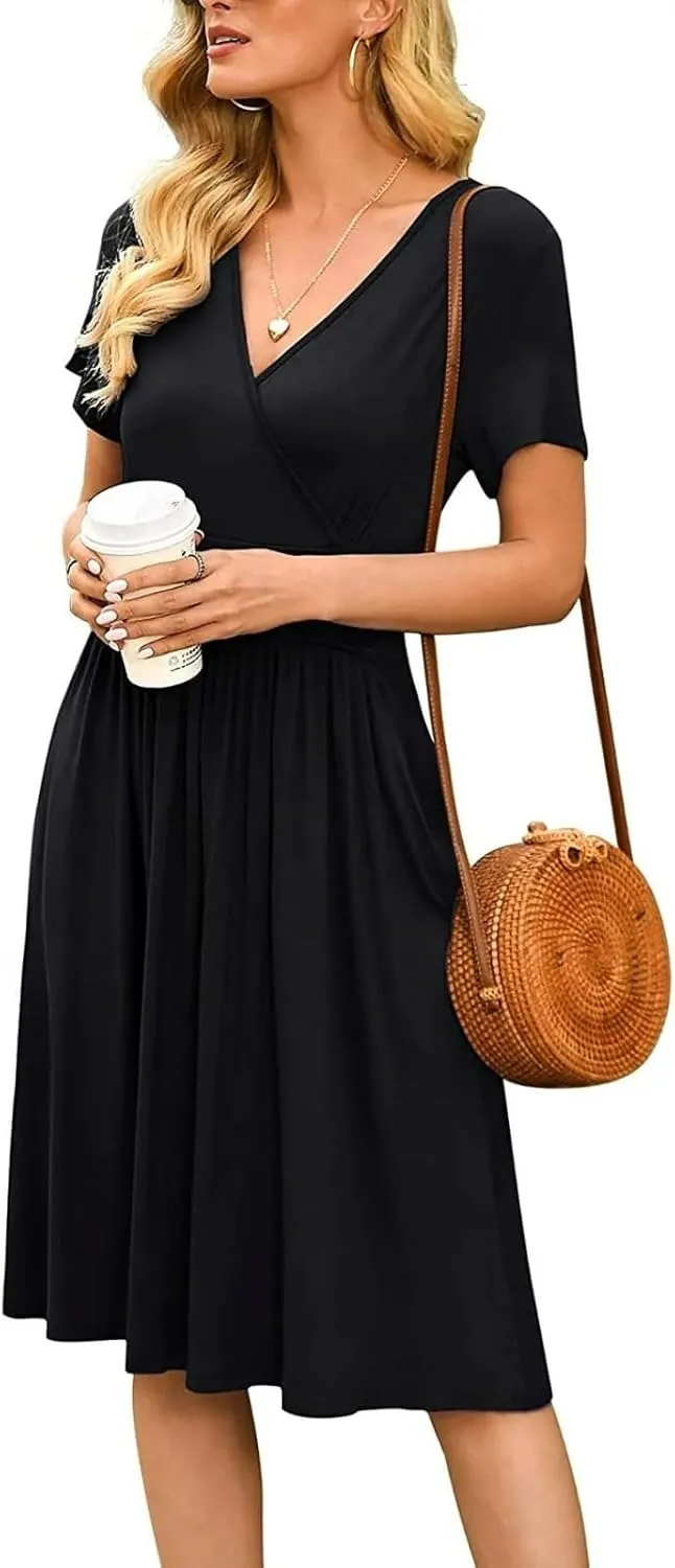 Summer Dresses for Women 2024 Casual V Neck High Waist A-Line Dress with Pocket Cute Solid Short Sleeve Midi Dress
