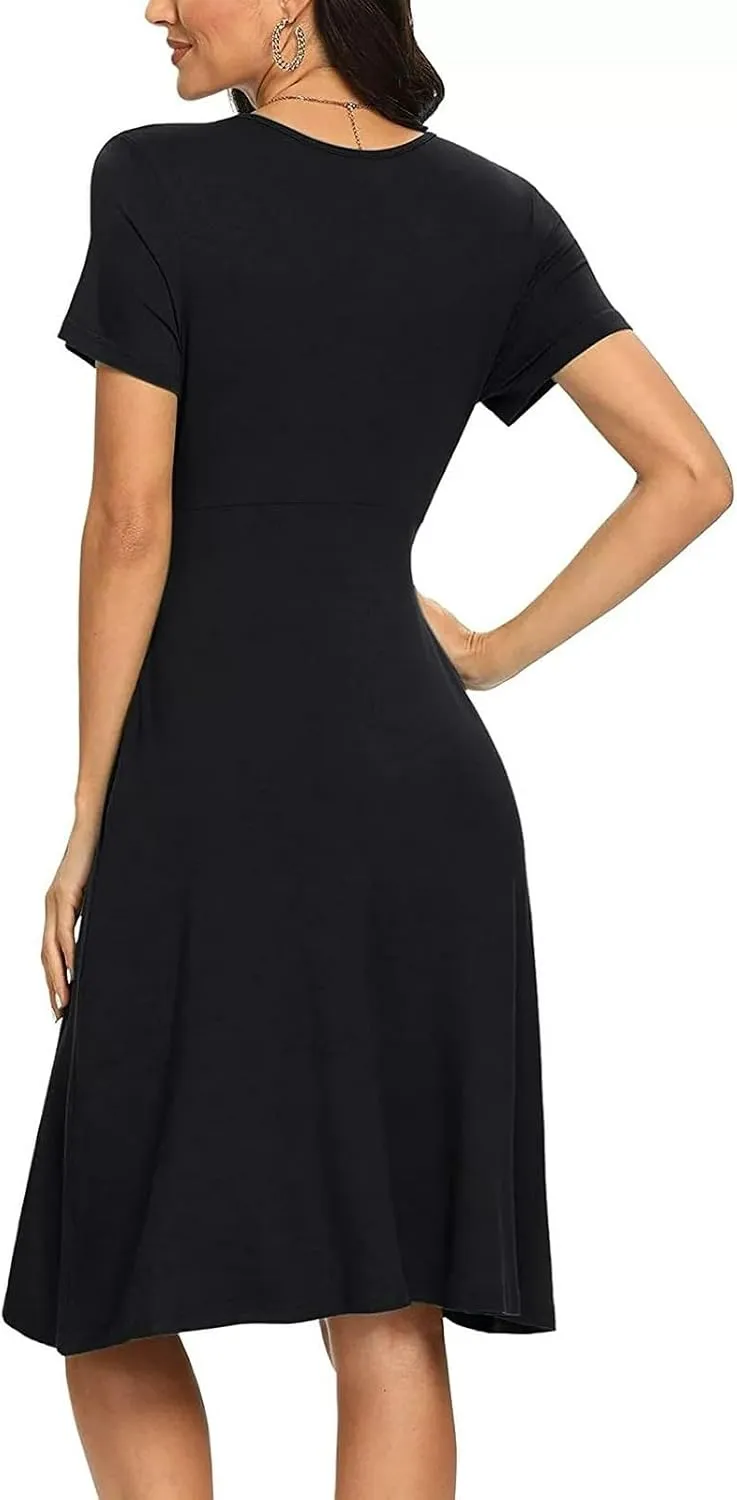 Summer Dresses for Women 2024 Casual V Neck High Waist A-Line Dress with Pocket Cute Solid Short Sleeve Midi Dress