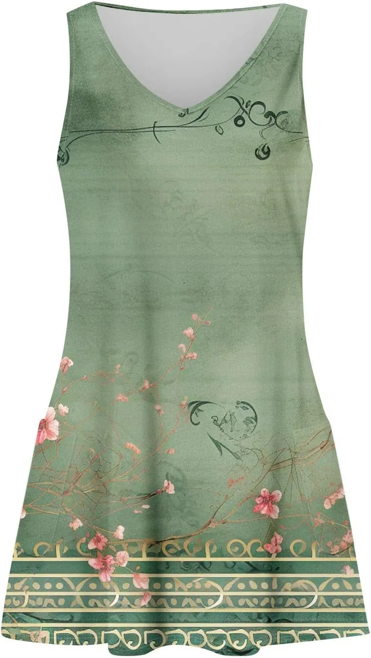 Summer Dresses for Women 2025 Casual Boho Beach Sundresses V-Neck Sleeveless T Shirt Dresses Loose Floral Tank Dress