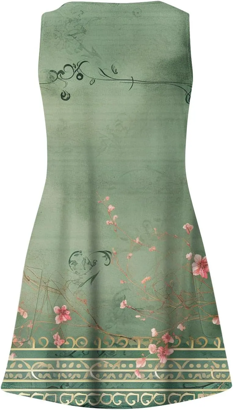 Summer Dresses for Women 2025 Casual Boho Beach Sundresses V-Neck Sleeveless T Shirt Dresses Loose Floral Tank Dress