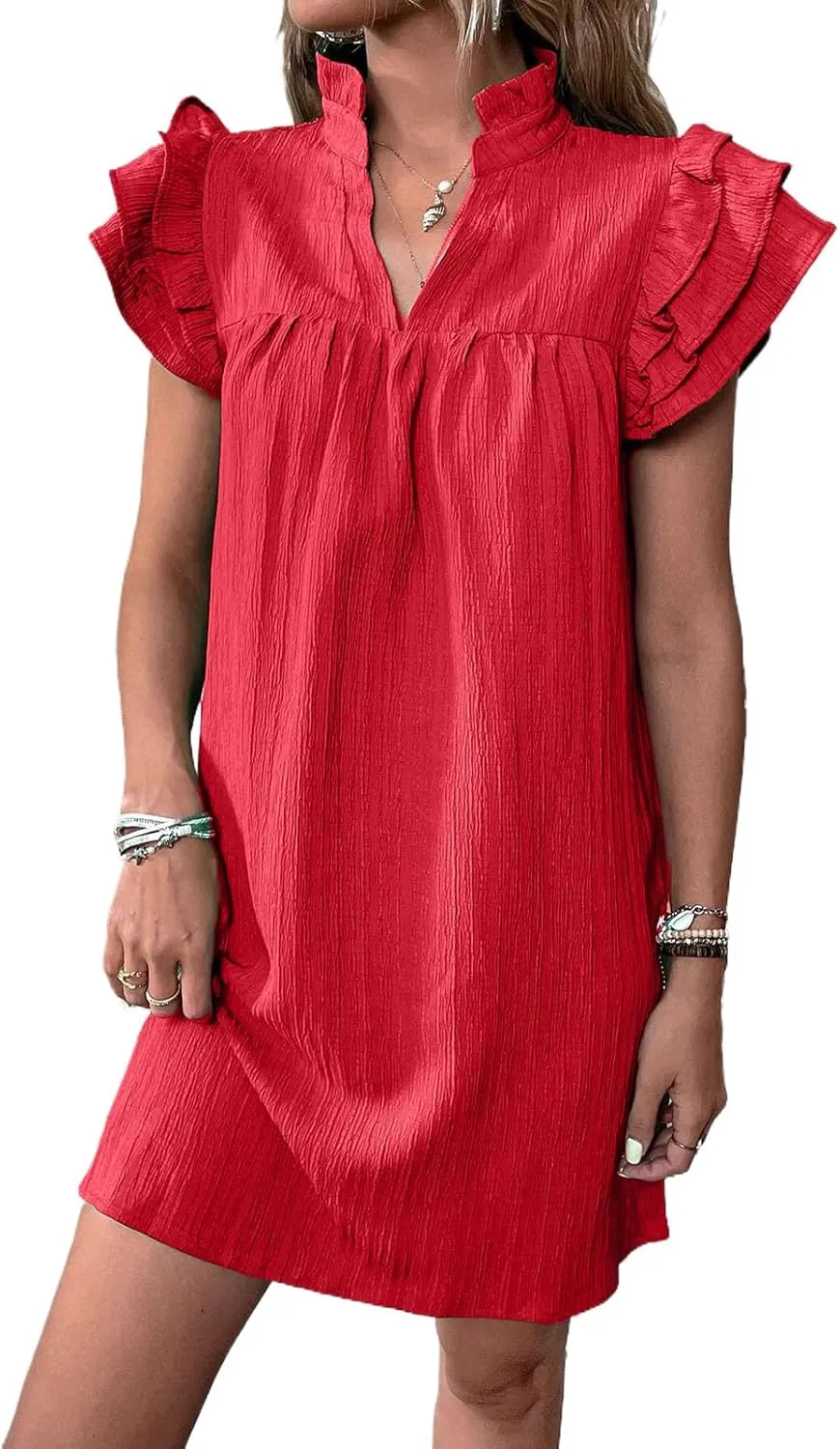 Summer Dresses for Women 2025 Multi Layer Ruffle Sleeve V Neck Pullover Dress Fashion Dressy Cocktail Dresses