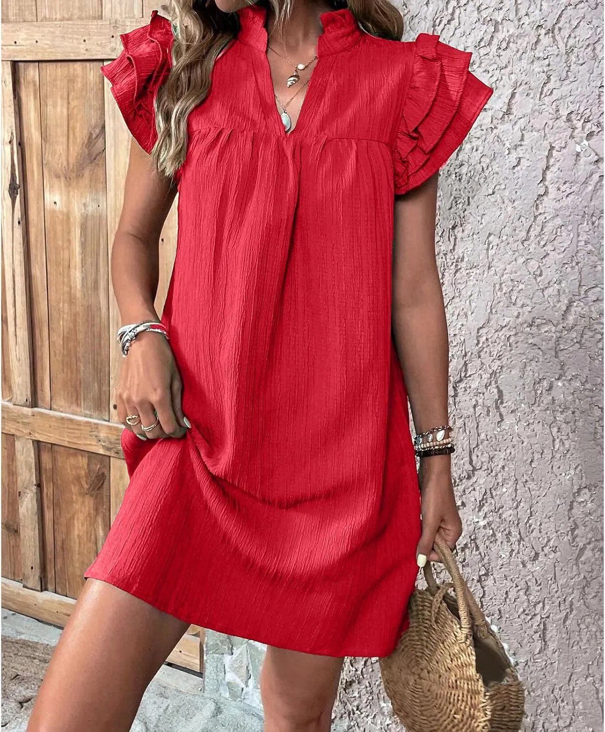 Summer Dresses for Women 2025 Multi Layer Ruffle Sleeve V Neck Pullover Dress Fashion Dressy Cocktail Dresses