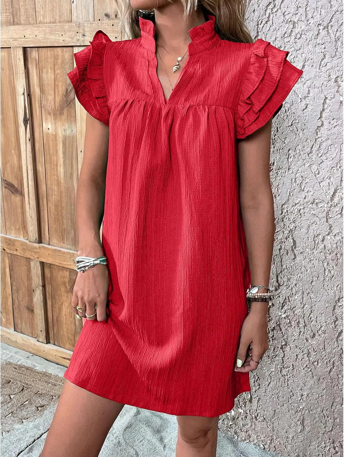 Summer Dresses for Women 2025 Multi Layer Ruffle Sleeve V Neck Pullover Dress Fashion Dressy Cocktail Dresses