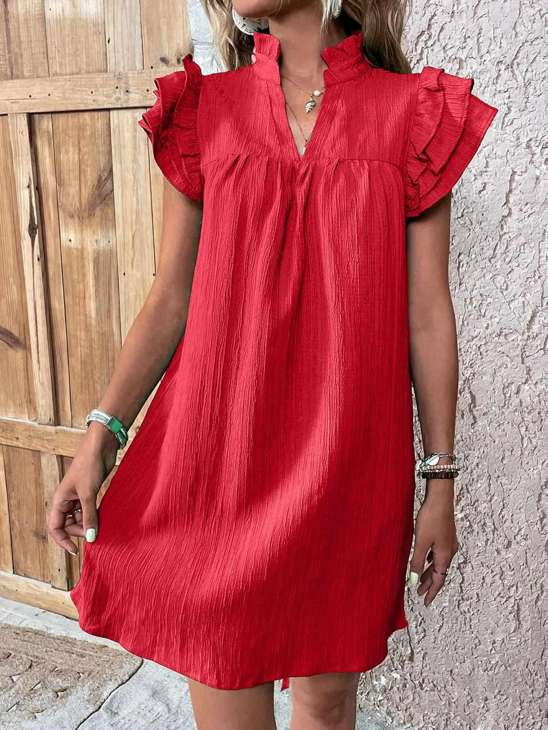 Summer Dresses for Women 2025 Multi Layer Ruffle Sleeve V Neck Pullover Dress Fashion Dressy Cocktail Dresses