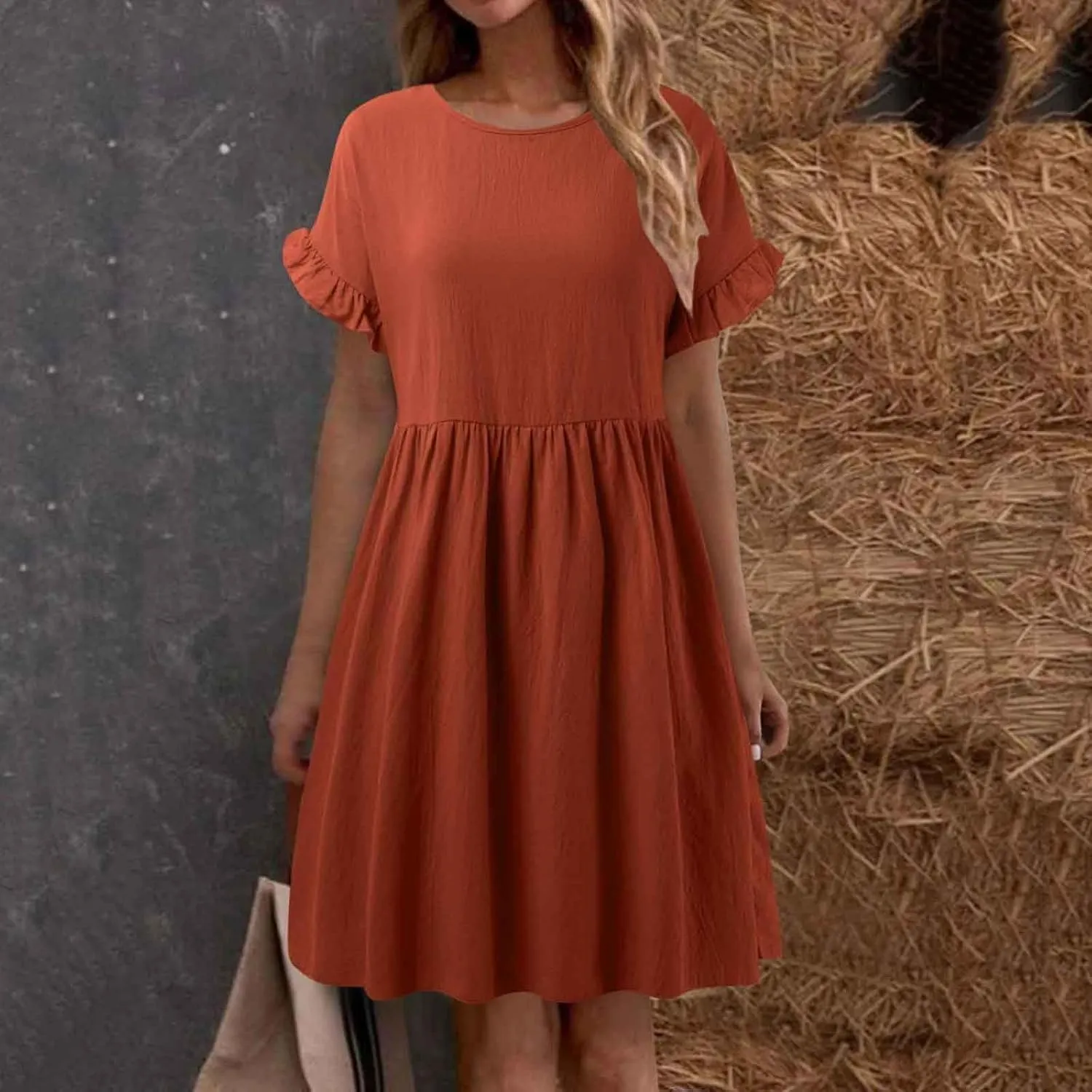 Summer Dresses for Women 2025 Ruffle Short Sleeve Round Neck Dresses Cotton Linen A-Line T-Shirt Loose Elegant Dress