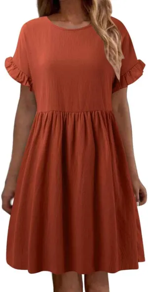 Summer Dresses for Women 2025 Ruffle Short Sleeve Round Neck Dresses Cotton Linen A-Line T-Shirt Loose Elegant Dress