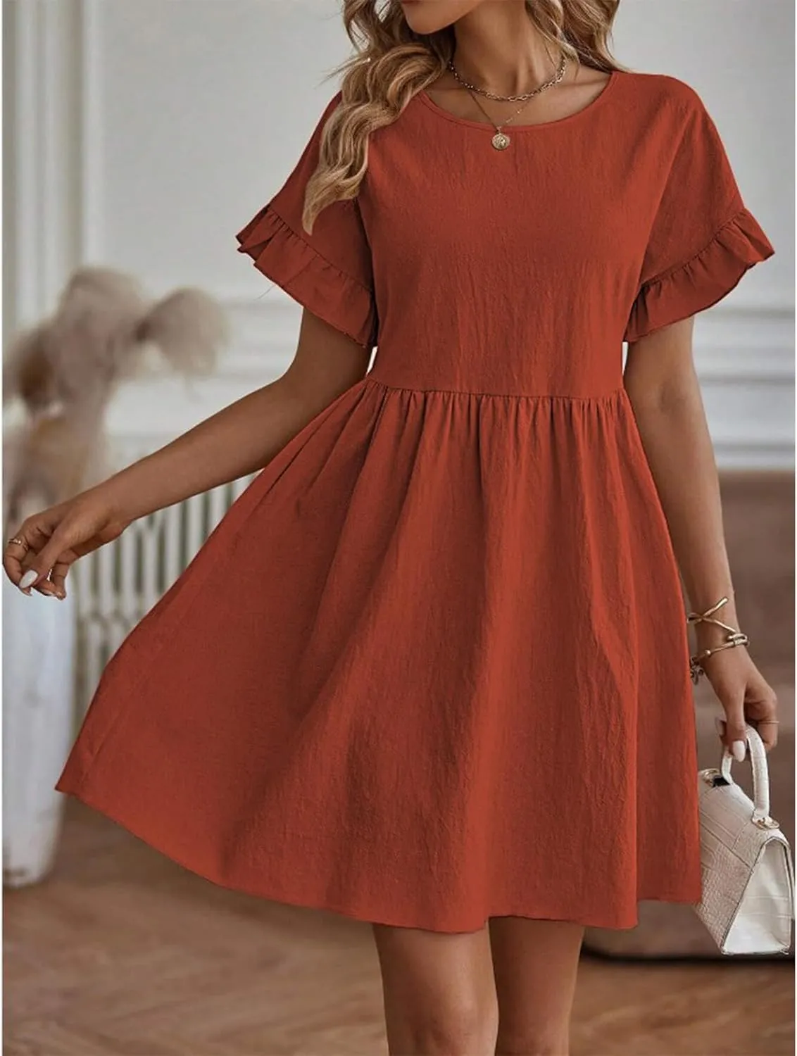 Summer Dresses for Women 2025 Ruffle Short Sleeve Round Neck Dresses Cotton Linen A-Line T-Shirt Loose Elegant Dress