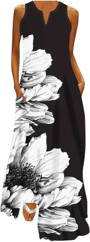 Summer Dresses for Women 2025 Sequined Floral Maxi Dresses Sleeveless V Neck Dress Trendy Beach Vacation Sundresses