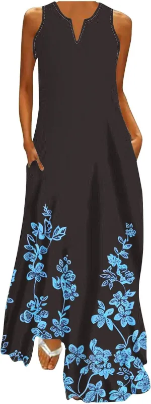 Summer Dresses for Women 2025 Sequined Floral Maxi Dresses Sleeveless V Neck Dress Trendy Beach Vacation Sundresses