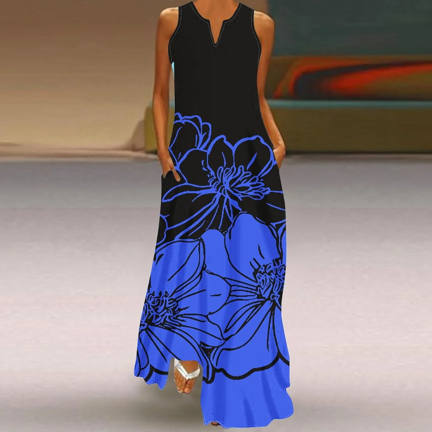Summer Dresses for Women 2025 Sequined Floral Maxi Dresses Sleeveless V Neck Dress Trendy Beach Vacation Sundresses