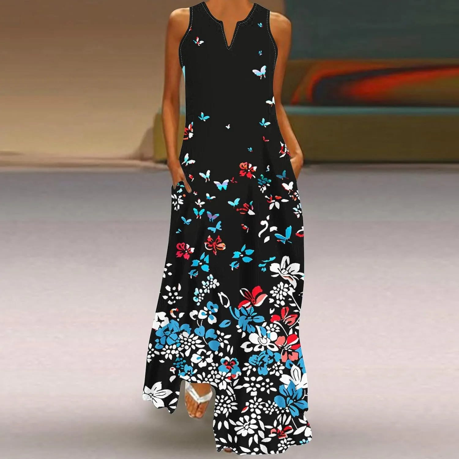 Summer Dresses for Women 2025 Sequined Floral Maxi Dresses Sleeveless V Neck Dress Trendy Beach Vacation Sundresses