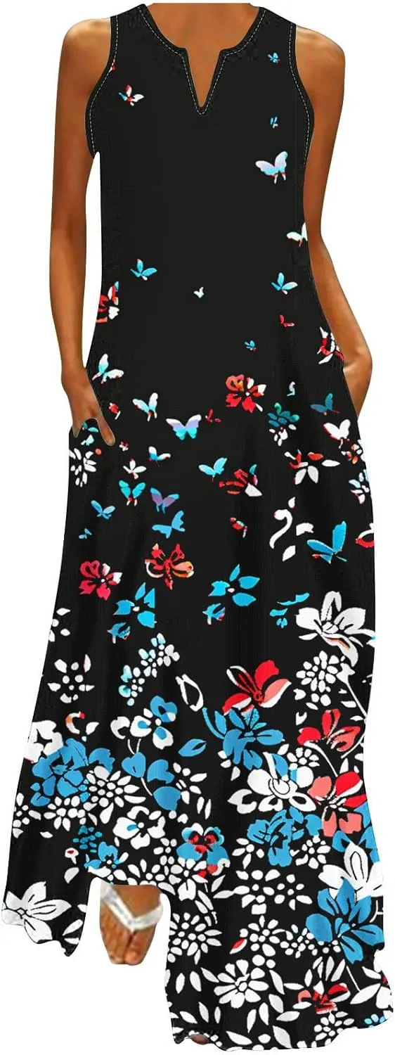 Summer Dresses for Women 2025 Sequined Floral Maxi Dresses Sleeveless V Neck Dress Trendy Beach Vacation Sundresses
